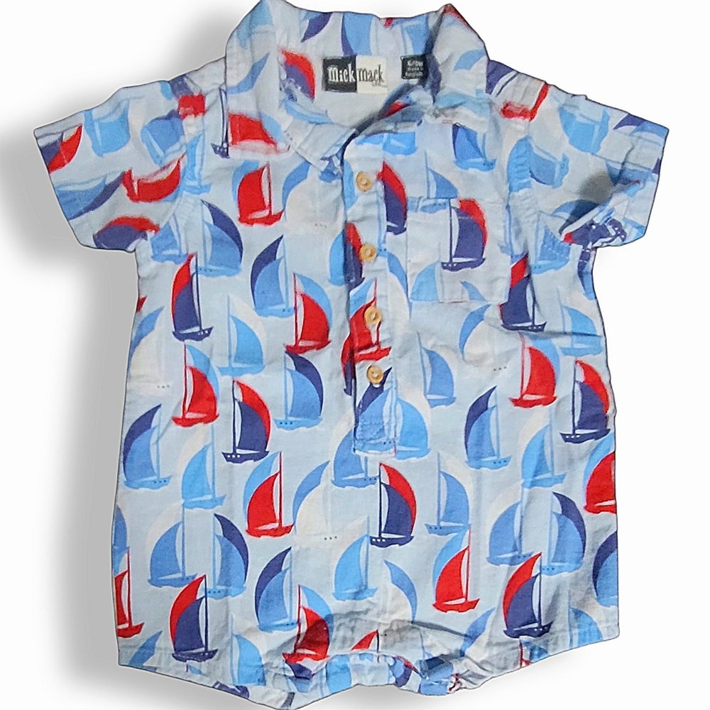 Mick Mack Baby Boy Sailboat Linen Romper size 6/9 months